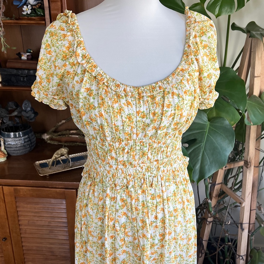 Lush Vintage Floral Yellow Midi Dress M - Picture 2 of 9